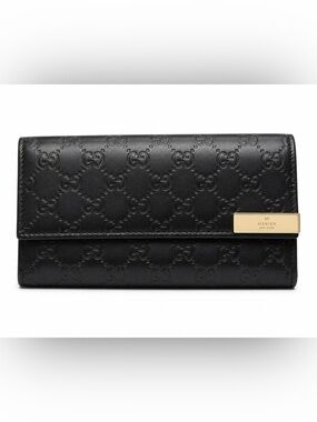 Gucci Black Embossed Leather Continental Wallet with Gold Plaque